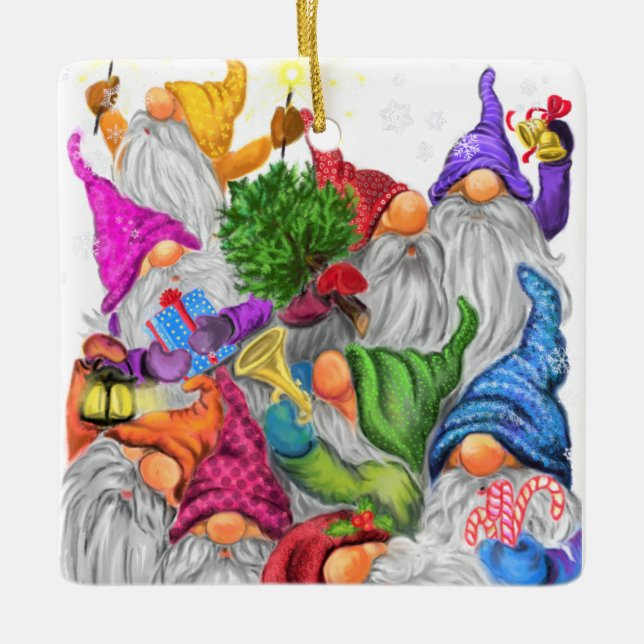 Merry Christmas Gnome Party Funny Drawing Ceramic Ornament (Front)