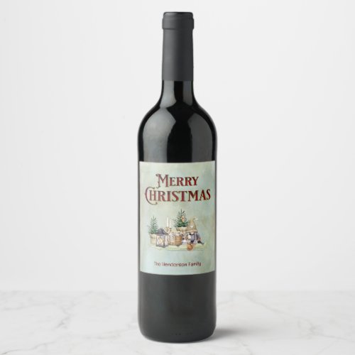 Merry Christmas Gnome Picnic Rustic Cabin Wine Label