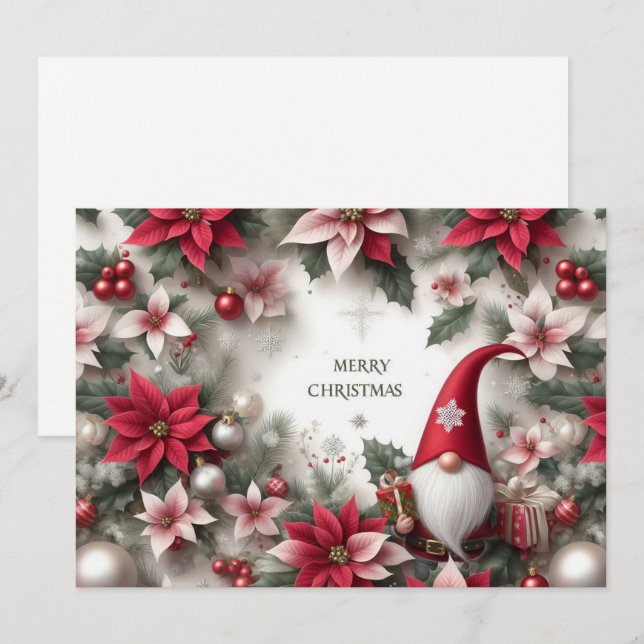 Merry Christmas Gnome, Poinsettias and Holly Holiday Card (Front/Back)