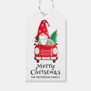 Merry Christmas Gnome Red Car Tree Family Name Gift Tags