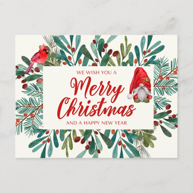 Merry Christmas Gnome, Red Cardinal, Holly Berry  Holiday Postcard (Front)