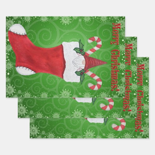 Merry Christmas Gnome Red Christmas Stocking Swirl Wrapping Paper Sheets