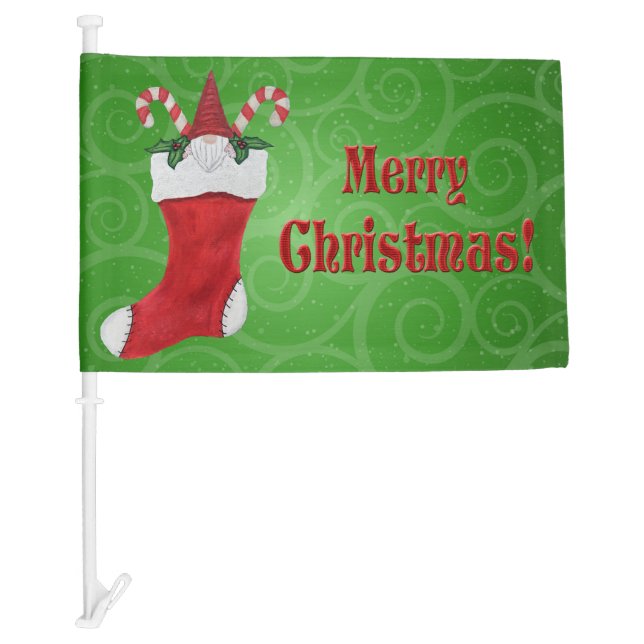 Merry Christmas Gnome Red Hat in Stocking Green Car Flag (Front)