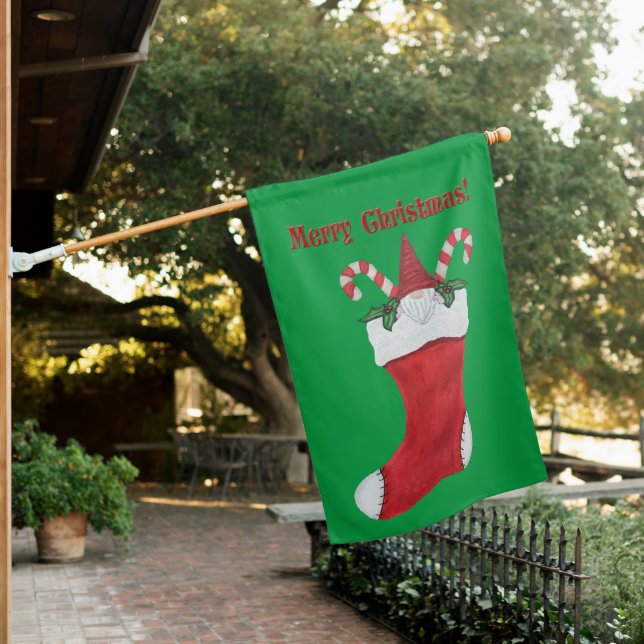 Merry Christmas Gnome Red Hat in Stocking Green House Flag (In SItu)
