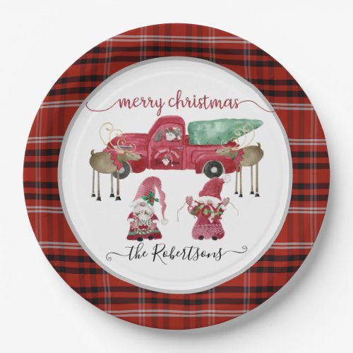 Merry Christmas Gnome Red Plaid Watercolor Truck Paper Plates