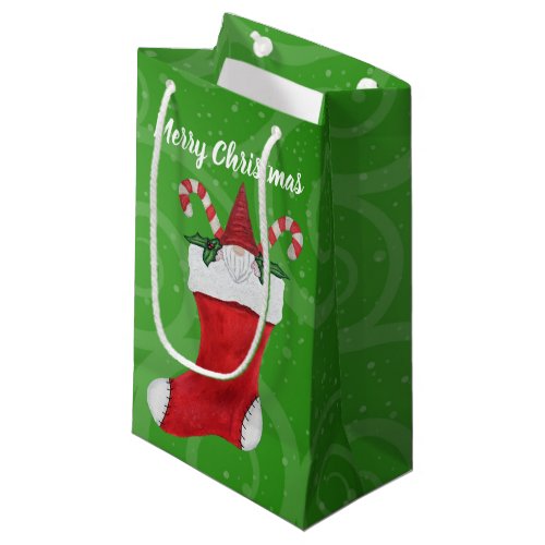 Merry Christmas Gnome Red Stocking Green Swirls Small Gift Bag