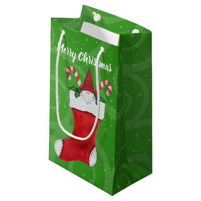 Merry Christmas Gnome Red Stocking Green Swirls Small Gift Bag (Front Angled)