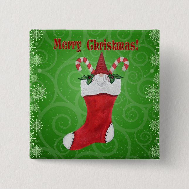 Merry Christmas Gnome Red Stocking Snowflakes Button (Front)