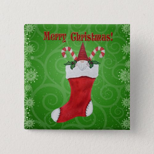 Merry Christmas Gnome Red Stocking Snowflakes Button