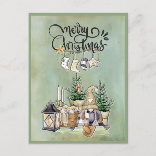 Merry Christmas Gnome Rustic Cozy Greeting Holiday Postcard