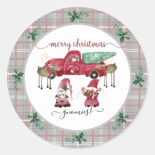 Merry Christmas Gnome Tree Farm Watercolor Red Classic Round Sticker