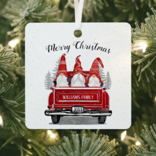 Merry Christmas Gnome Vintage Red Truck Photo Metal Ornament