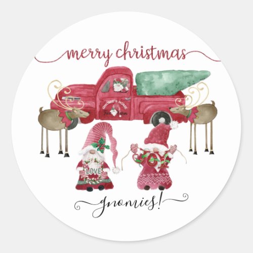 Merry Christmas Gnome Watercolor Red Truck Classic Round Sticker