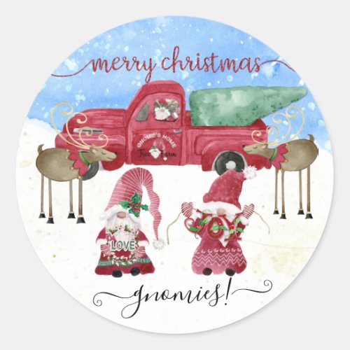 Merry Christmas Gnome Watercolor Snowing Red Truck Classic Round Sticker