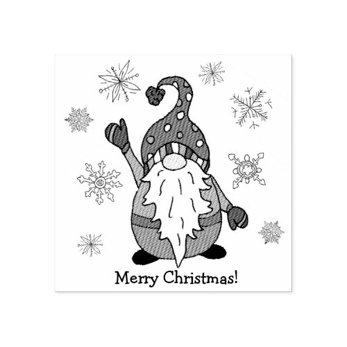 Merry Christmas Gnome Waving with Snowflakes Rubber Stamp
