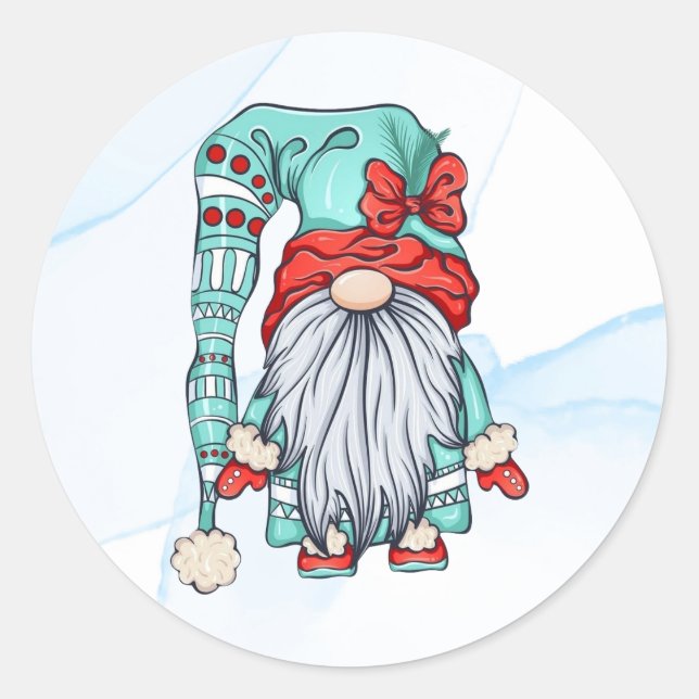 Merry Christmas Gnome with a Bow Classic Round Sticker (Front)