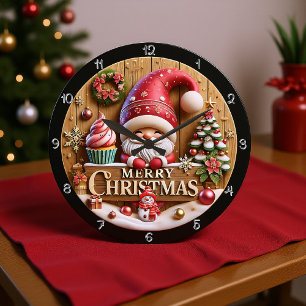 Merry Christmas Gnome with Cupcake Large Clock