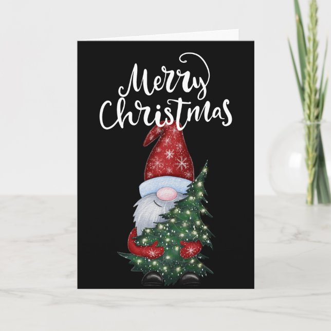 Merry Christmas Gnome With Glitter Christmas Tree Holiday Card (Front)