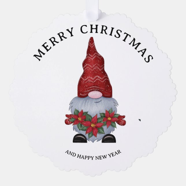 Merry Christmas Gnome With Glitter Poinsettia  Ornament Card (Front)
