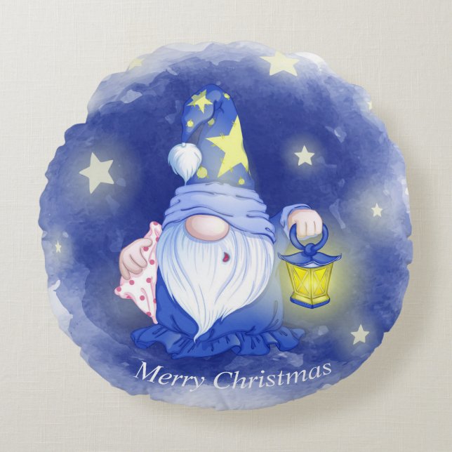 Merry Christmas Gnome with Lantern Watercolor Round Pillow (Front)