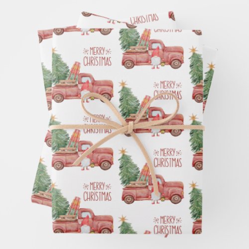 Merry Christmas Gnome with Vintage Red Truck Wrapping Paper Sheets