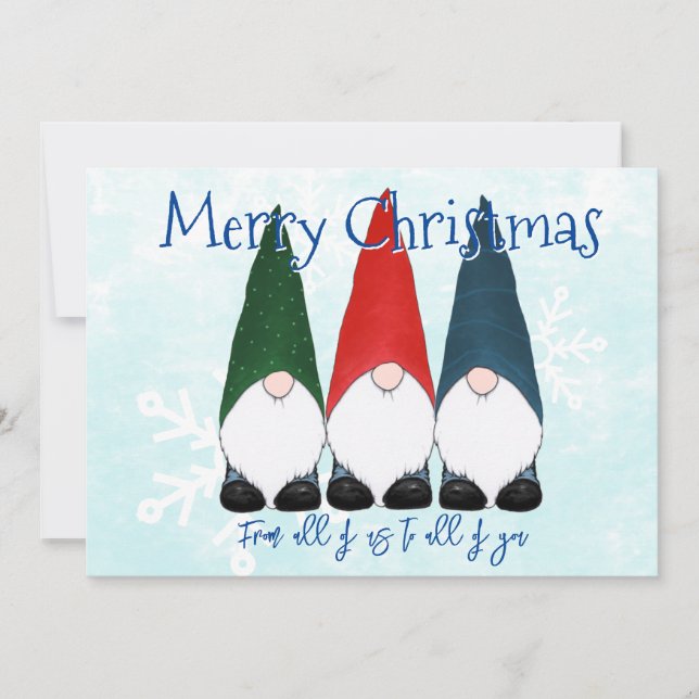 Merry Christmas Gnomes and Snowflakes on Blue Holiday Card (Front)