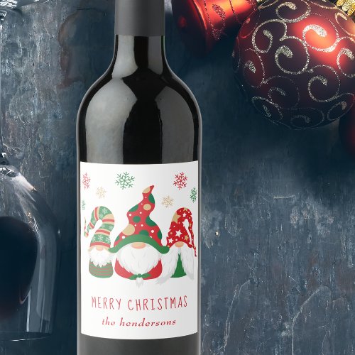 Merry Christmas Gnomes Cute Personalized Wine Label