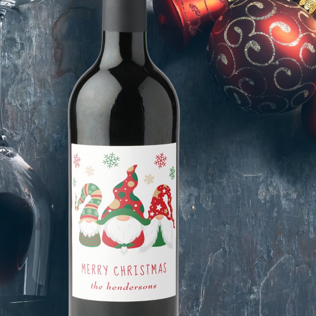 Merry Christmas Gnomes Cute Personalized Wine Label (Christmas gnomes bring joy, laughter, and a touch of magic to your holiday season table and gifts)