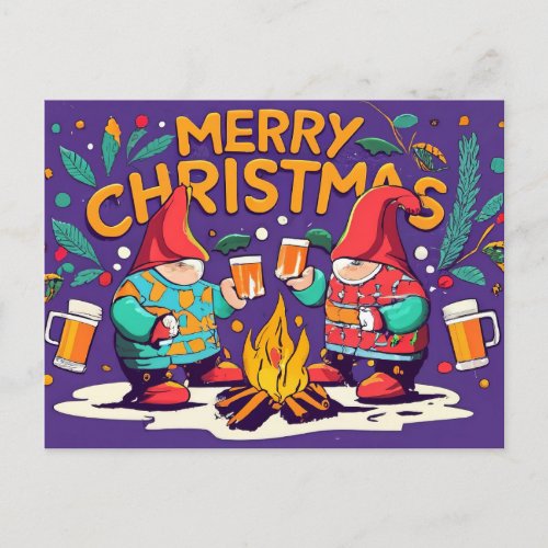 Merry Christmas gnomes drink Christmas drinks Holiday Postcard