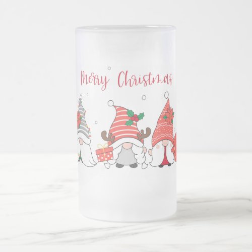Merry Christmas Gnomes Frosted Glass Beer Mug