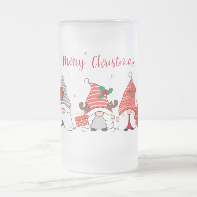 Merry Christmas Gnomes Frosted Glass Beer Mug (Center)