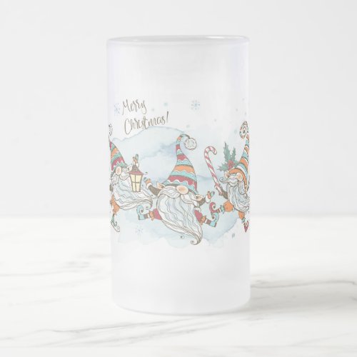 Merry Christmas Gnomes Frosted Glass Beer Mug