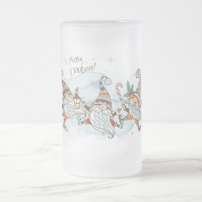 Merry Christmas Gnomes Frosted Glass Beer Mug (Center)