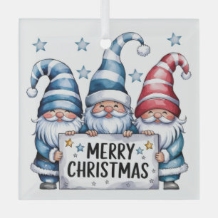 Merry Christmas Gnomes Glass Ornament