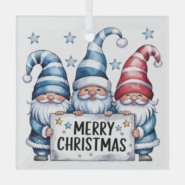 Merry Christmas Gnomes Glass Ornament (Front)