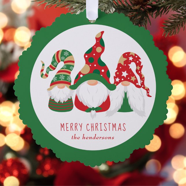 Merry Christmas Gnomes Green Ornament Card (Share the love and warmth of the holiday season with a paper ornament card)