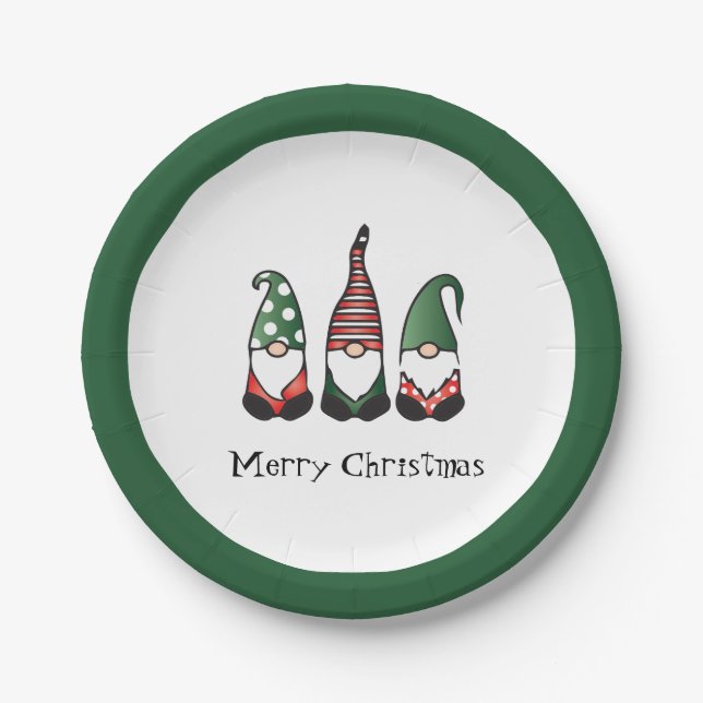 Merry Christmas Gnomes Green Paper Plates (Front)