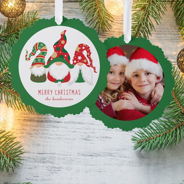 Merry Christmas Gnomes Green Photo Ornament Card (Share the love and warmth of the holiday season with a photo paper ornament card)