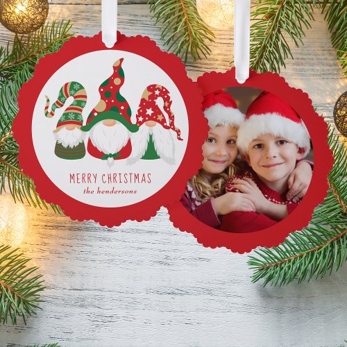 Merry Christmas Gnomes Photo Red Ornament Card