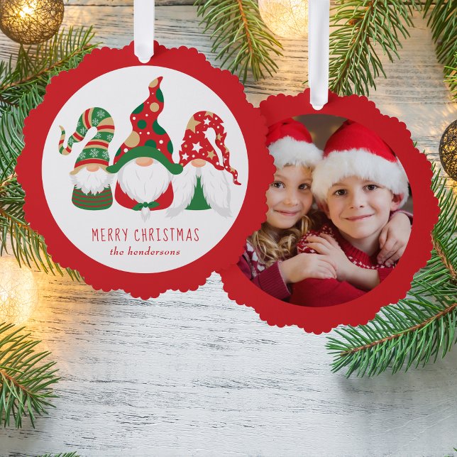 Merry Christmas Gnomes Photo Red Ornament Card (Share the love and warmth of the holiday season with a photo paper ornament card)