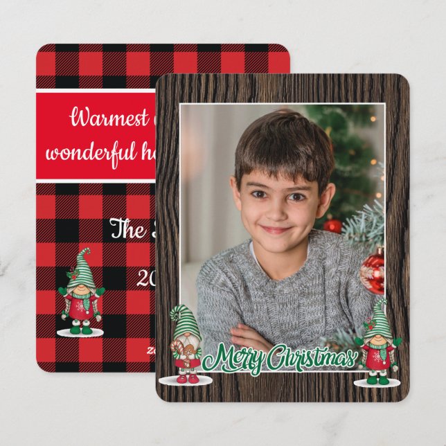 Merry Christmas gnomes plaid (add your photo) Holi Holiday Card (Front/Back)