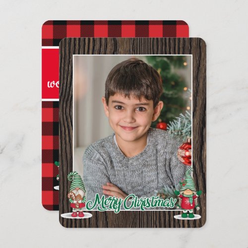 Merry Christmas gnomes plaid add your photo Holi Holiday Card