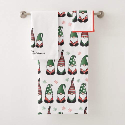 Merry Christmas Gnomes Red Bath Towel Set