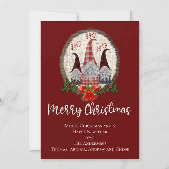 Merry Christmas Gnomes Red, Rustic, Plaid, Trendy Card