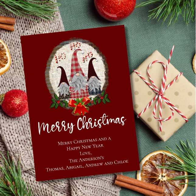 Merry Christmas Gnomes Red, Rustic, Plaid, Trendy Card (Gnomes Merry Christmas Card Personalized. Printed or Digital Instant download)