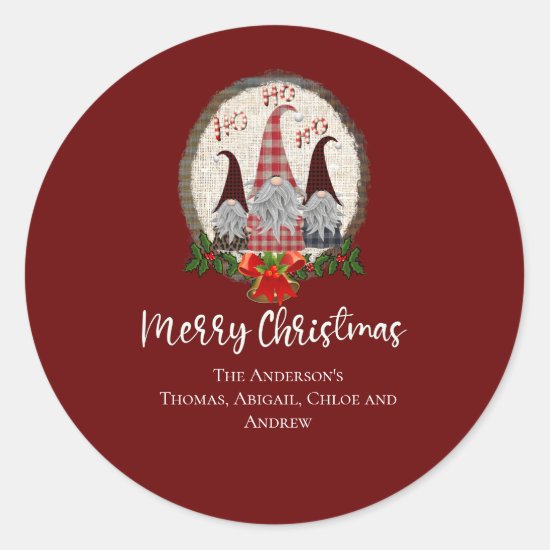 Merry Christmas Gnomes Red, Rustic, Plaid, Trendy  Classic Round Sticker