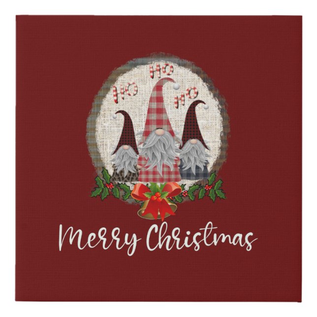 Merry Christmas Gnomes Red, Rustic, Plaid, Trendy  Faux Canvas Print (Front)
