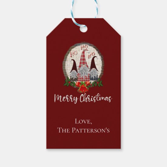 Merry Christmas Gnomes Red, Rustic, Plaid, Trendy  Gift Tags