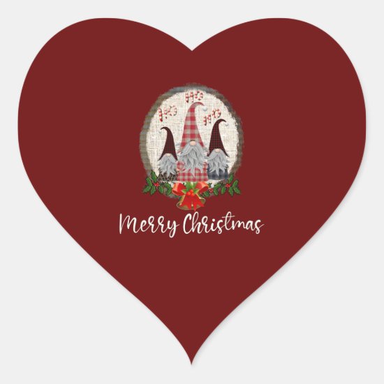 Merry Christmas Gnomes Red, Rustic, Plaid, Trendy Heart Sticker