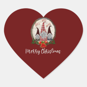 Merry Christmas Gnomes Red, Rustic, Plaid, Trendy Heart Sticker